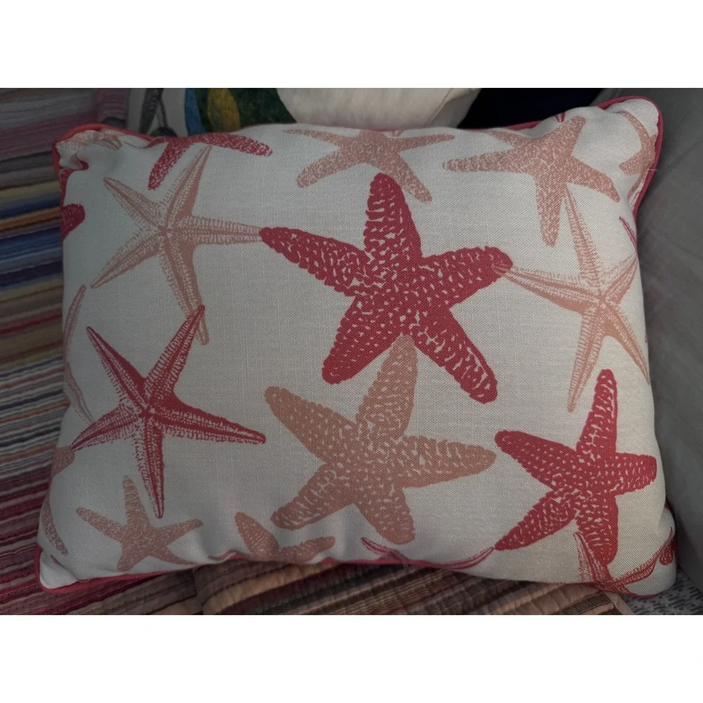 Coastal Reversible Starfish Beach Typography Throw Pillow Coral Red White 18x14